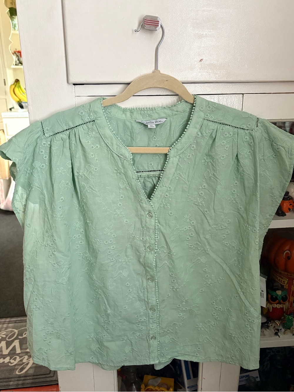 Ophelia Roe Mint Eyelet Button-Front V-Neck Blouse Size XL NWT